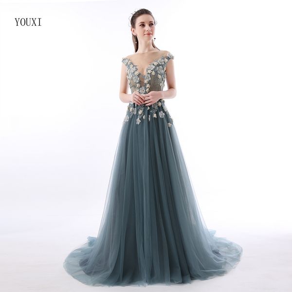 

abendkleider lang lace prom dresses 2019 sheer plunging neckline appliqued party gowns tulle beads evening formal gowns, White;black