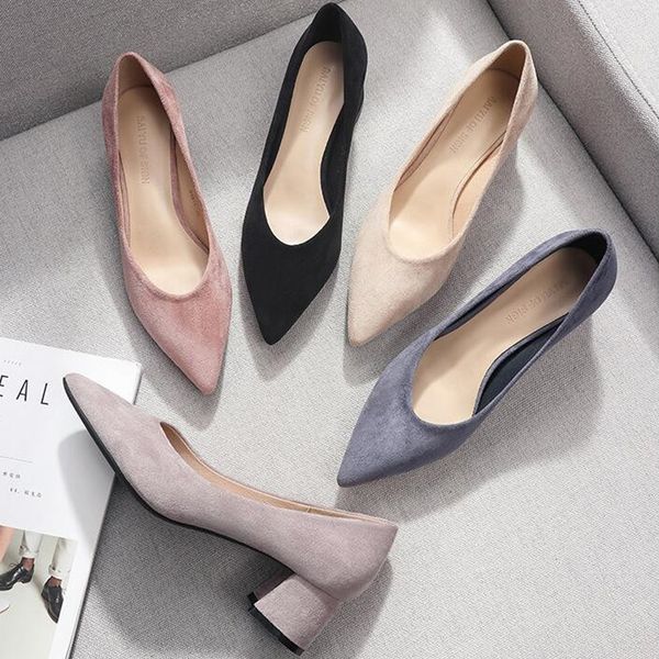 

shoes woman 2020 spring black slip on square high heels shoes women flock point toe low heels female office ladies sandals