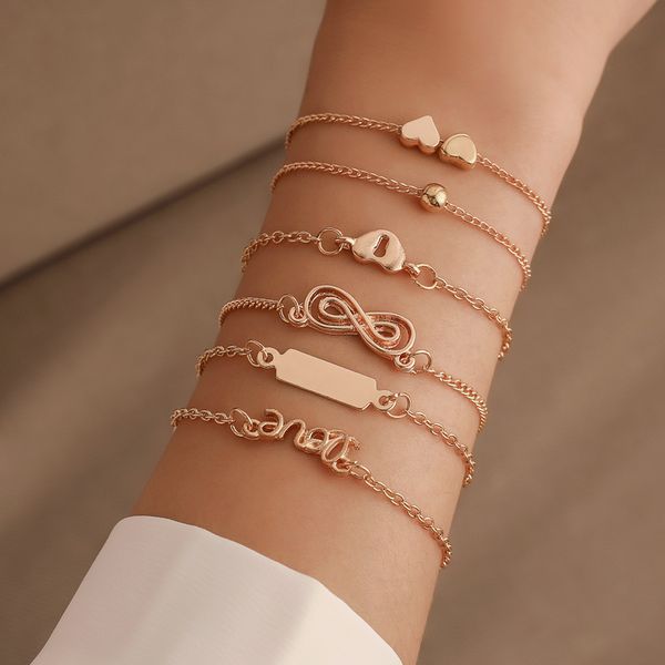 

zs 6pcs/set bohemia letter charms bracelets for women lotus hollow ethnic heart bangles set gold beach femme wedding gift mujer, Golden;silver