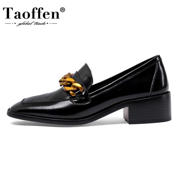 

taoffen real leather women pumps tassel buckle chain fashion high heel shoes woman office dress lady daily footwear size 34-39, Black