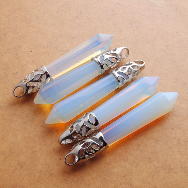 

wojiaer natural white opal gem stone hexagonal pointed reiki chakra pendant bead 5pcs charm jewelry dn3006, Silver
