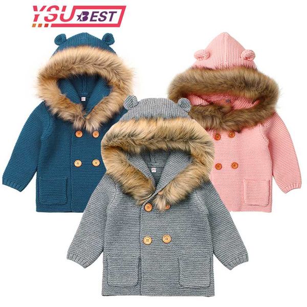 

baby boys girls coat knit cardigan winter warm newborn infant sweaters fashion long sleeve hooded jacket kids clothing outfits, Blue;gray