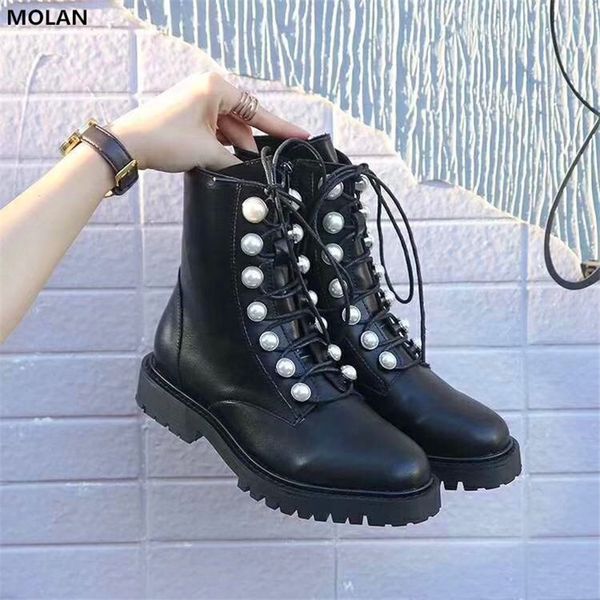 

molan brand designer 2019 winter luxury pearl decoration lace up genuine leather comfort platform shoes short ankle boots zipper, Black