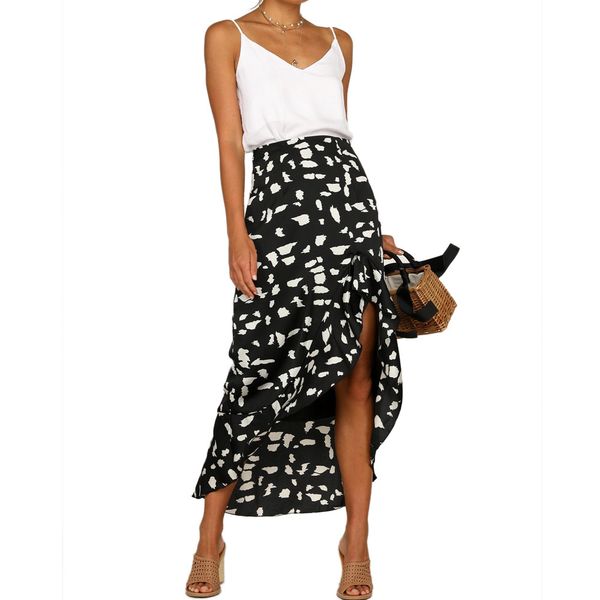 

women summer dot print ruffle irregular hem half-length skirt elegant trumpet long mermaid skirt, Black