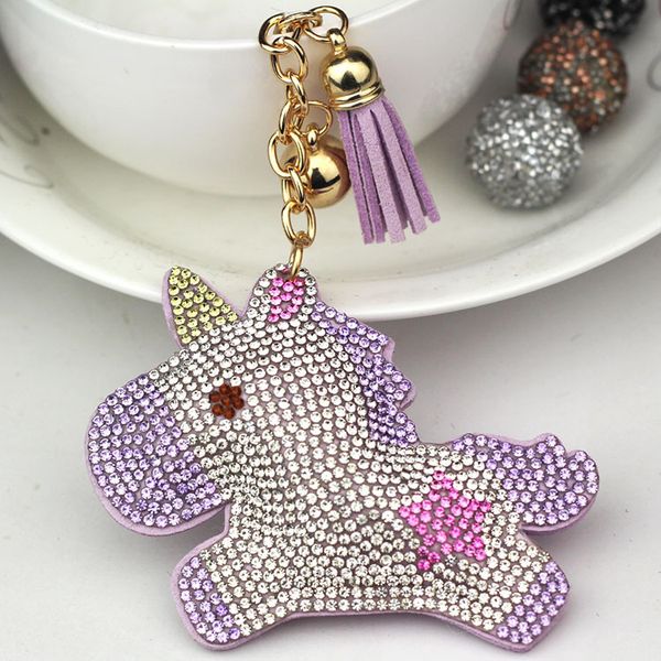 

cute full rhinestone crystal unicorn key chain women animal horse keyring leather tassel keychains bag charms ornament chaveiro, Silver