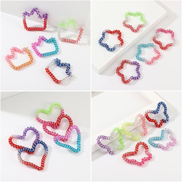 

5 pcs/lot telephone wire headband women girls rubber hair ropes elastic hairbands spiral hair ties colorful star heart shape, Golden;white