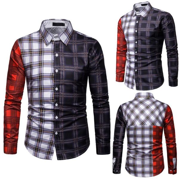 

plaid shirts men casual shirt dress patchwork streetwear mens clothing long sleeve shirt men camisa hombre 2020, White;black