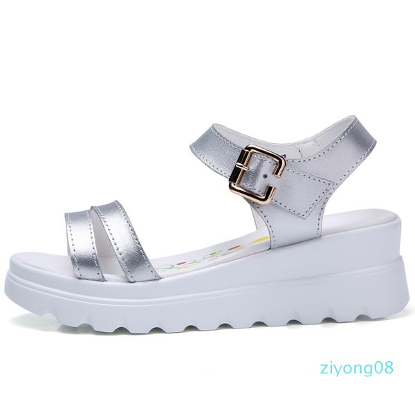 

genuine leather women platform beach sandals shoes ladies flats sneakers sliver white flip flop shoe summer mid heel footwear z08, Black