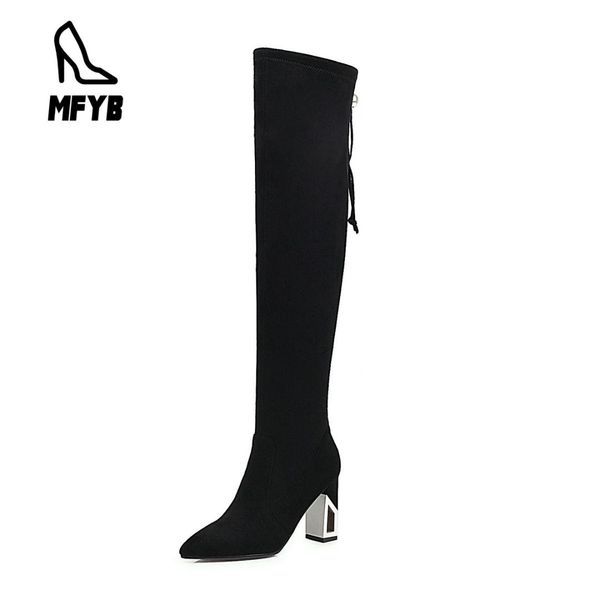 

mfyb women's boots 2019 winter new fashion high-heeled women's shoes pointed suede over the knee boots tide, Black