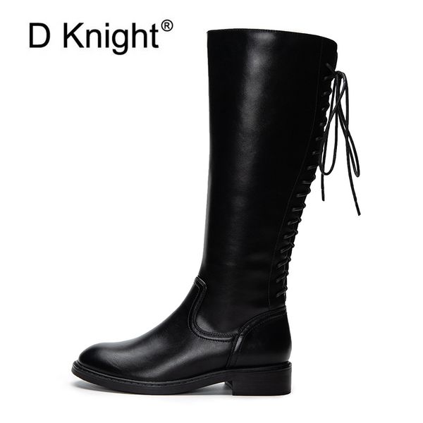 

ladies casual knee high boots fashion women's autumn and winter back lace up knight boots female motorcycle riding, Black