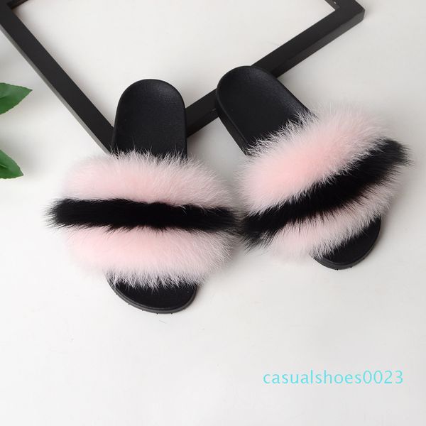 

summer women fox fur slippers real fox hair slides female furry indoor flip flops casual beach sandals fluffy plush shoesqa23, Black