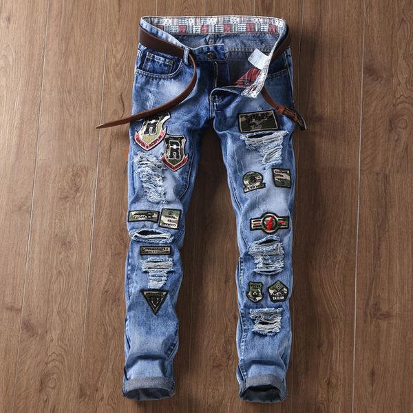 

2018 Fashion men Blue Holes Ripped Jeans Patchwork Denim Jean Homme Slim Casual Slim Stretch Denim Male Pants Long Trousers 881#