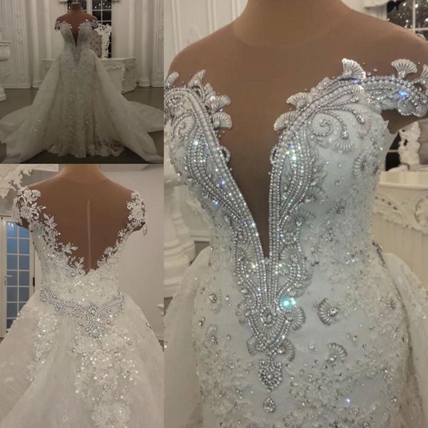 

modest mermaid wedding dresses with detachable skirt shining sequins crystals beads appliques sheer neck backless long bridal gowns bc0862, White