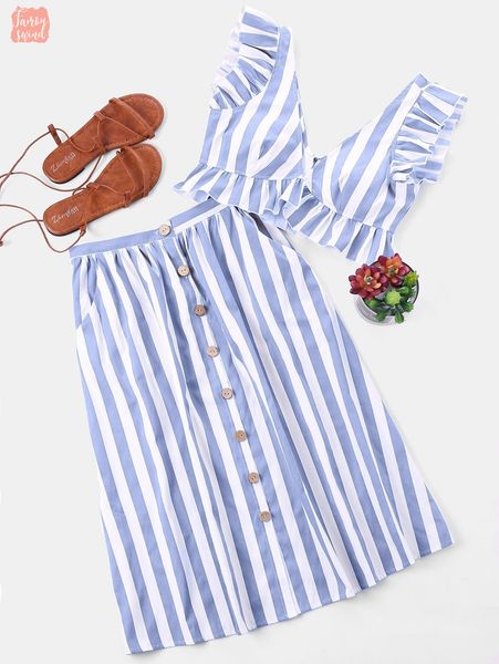 

часть два set v шеи полосатая crop top рукавов v шеи рябить кнопка высокой талией юбки костюмы summer women наборы, White