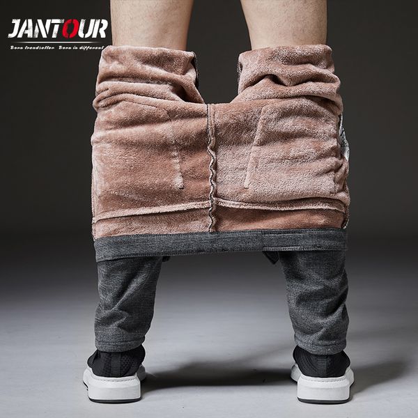 

jantour men's winter fleece fluff thicken warm casual pants men business straight elastic thick plaid cotton black trousers male