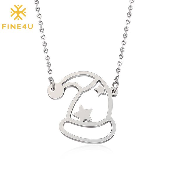 

fine4u n408 stainless steel hollow christmas hat pendant necklace cute stars necklace for new year jewelry gifts, Silver