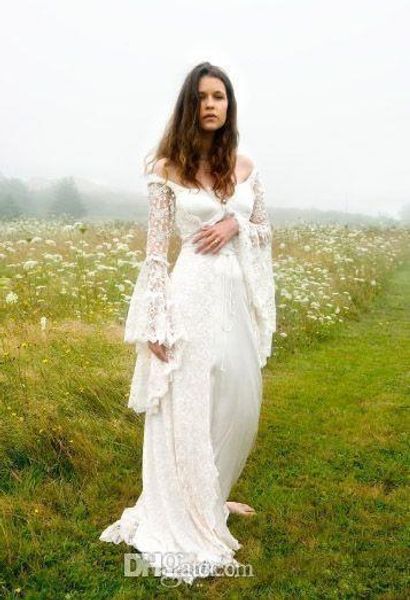 Gótico Boho Bohemio Fuera de los hombros V Espalda Vestidos de novia Campana Mangas largas Con cordones Vestidos de novia medievales País Celta Weddi240E