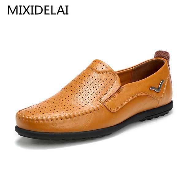 

men loafers 2019 casual boat shoes fashion genuine leather slip on driving shoes moccasins hollow out men flats breathable, Black