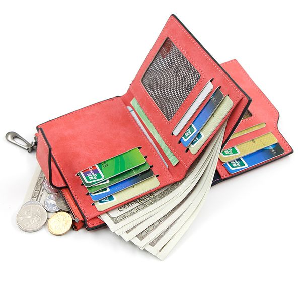 

new style women's wallet short zipper & hasp large capacity multi card bit scrub-style wallet leather female, Red;black