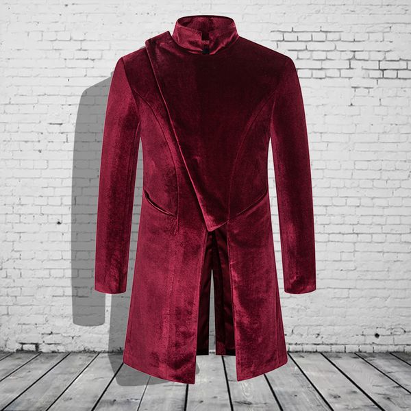 

velvet trench coat men luxury autumn winter fashion long coat vintage stand collar gothic jacket warm fleece overcoat outwear, Tan;black