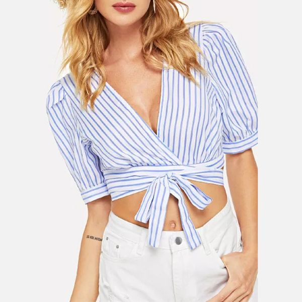 

pinstripe female slim fit casual v-neck crop blouse holiday half sleeve, White