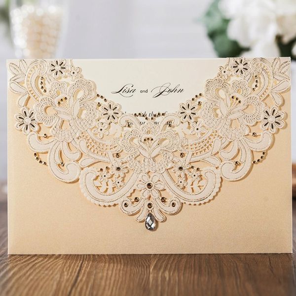 

wishmade laser cut wedding invitation cards with rsvp card & thank you card champagne gold and blue, customizable,ing
