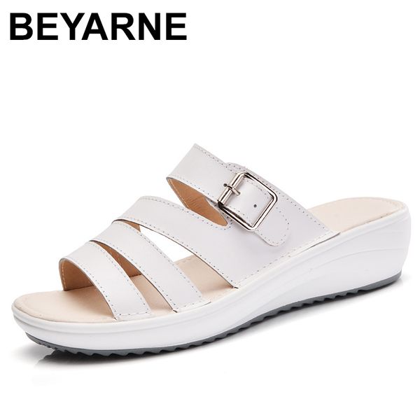 

beyarne 2019 women summer genuine leather flip flop sandals women's soft flat slippers female casual beach shoese380, Black