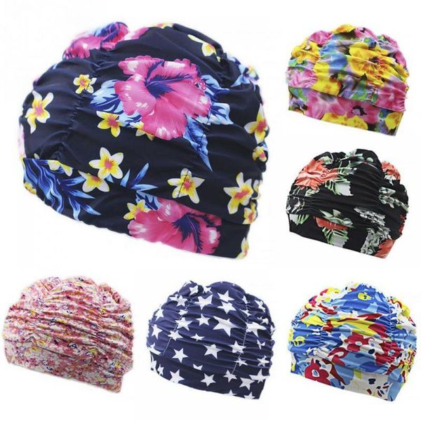 

pleated flower petal prints fabric swimming cap swim pool beach surfing protect long hair ears caps hats plus size for women men