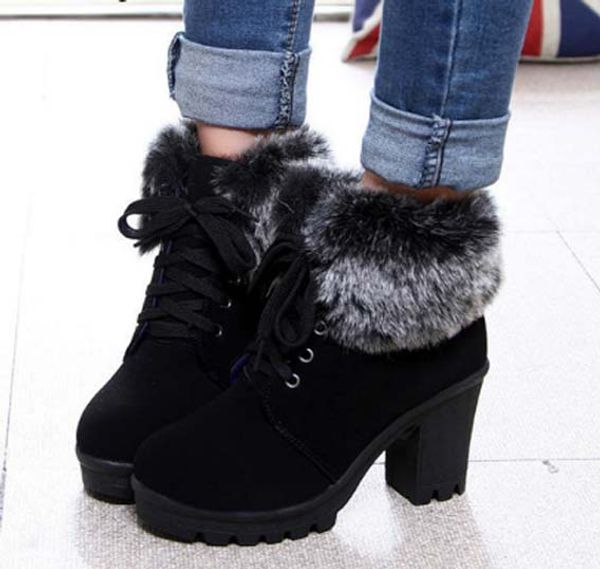 

female real leather boots with belt buckle women's shoes fashion waterproof boots high heels 025, Black