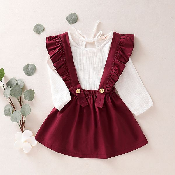 

children cloth set toddler baby girls long sleeve solid t-shirt +overalls skirts outfits girls 2019 autumn outfits set m50#, White