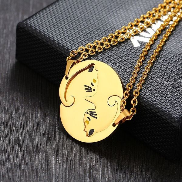 

gold cat couple lover pendant necklace stainless steel friendship puzzle matching 2pc/set anniversary gift, Silver
