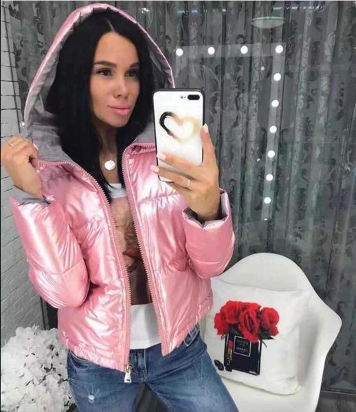 

women fashion hooded short coat thicken glossy material solid warm parker coat pocket zipper jacket female winter new, Black