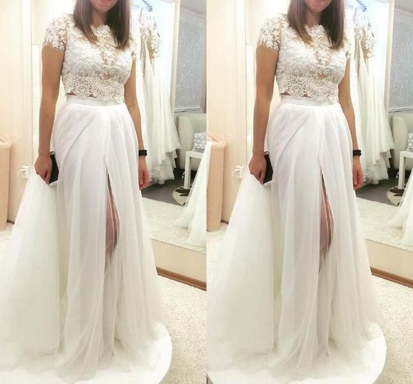 

2020 vintage thigh-high slits wedding dresses two pieces chiffon lace applique a line bridal gowns removable skirt style gowns, White