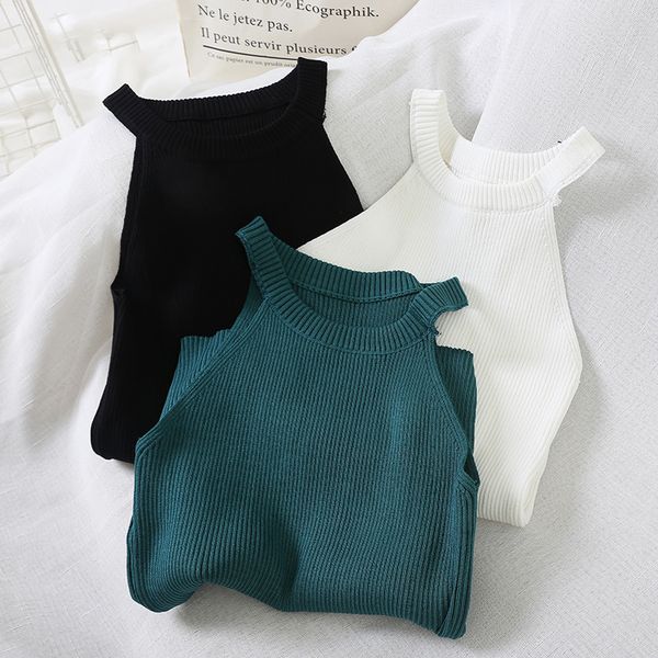 

топы женщин crop top вязаных off плечо клуб sexy tank tops женского твердый o-образный вырез crop top 2020 лето для женщин, White
