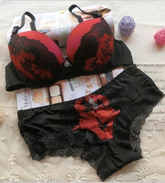 

2020 lace women push up bra sets hollow out thongs bra brief sets french romantic intimate underwear panty set, Red;black
