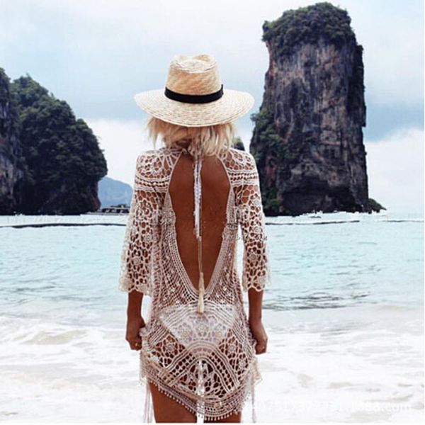 

women' swimsuit white lace gown beach gown back naked swimsuit crochet bikini swimming beach wear, Blue;gray