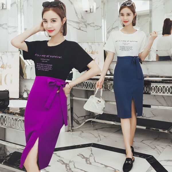 

letter pattern short sleeves t-shirts+solid bow split slim midi skirts 2-pieces sets fashion casual work women's sets, White
