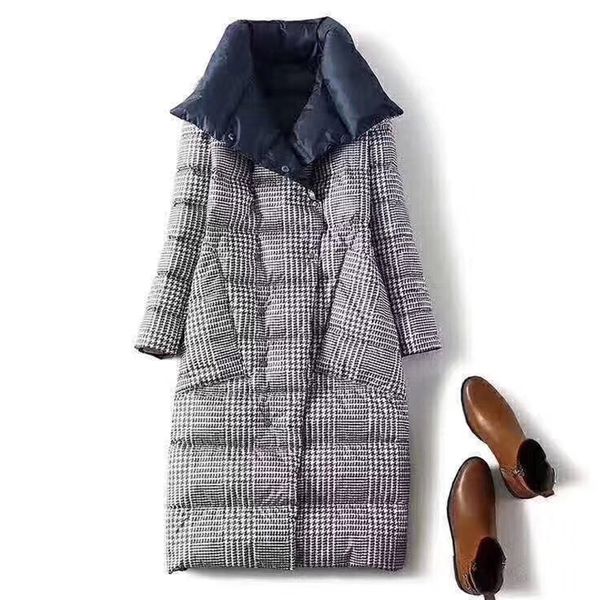 

women's down jacket long winter turtleneck white duck down coat female double breasted plus size warm plaid parkas, Black