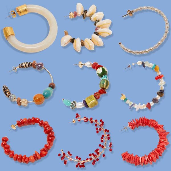 

monarchess statement hoop earrings 2020 summer beach real shell simulated pearls stones beaded resin brincos wholesale, Golden;silver