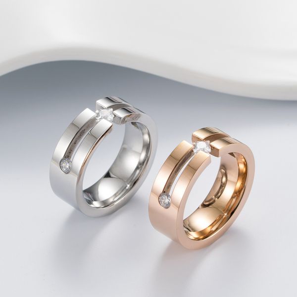 

8mm titanium steel hollow inlaid zircon ring for women men simple white square zircon lovers rings unique wedding jewelry anel, Silver