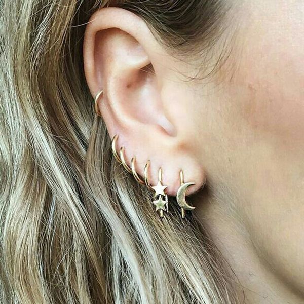 

7 pcs/set 2019 vintage hoop earrings moon stars earring for women golden circle round geometric jewelry aretes ear rings, Golden;silver
