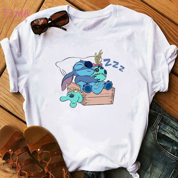 

fashion women cartoon t shirt big mouth happy cute lilo v neck stitch tshirts female print casual t shirt casual, White