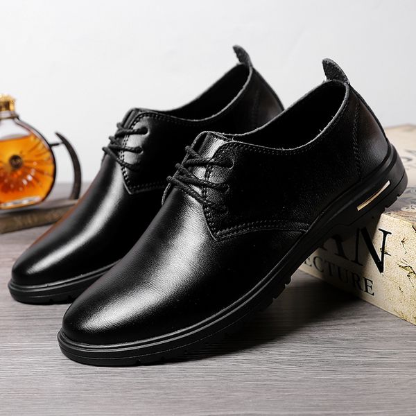 

men casual shoes genuine leather spring and autumn new popular men dress shoes waterproof anti-slip lace-up, Black