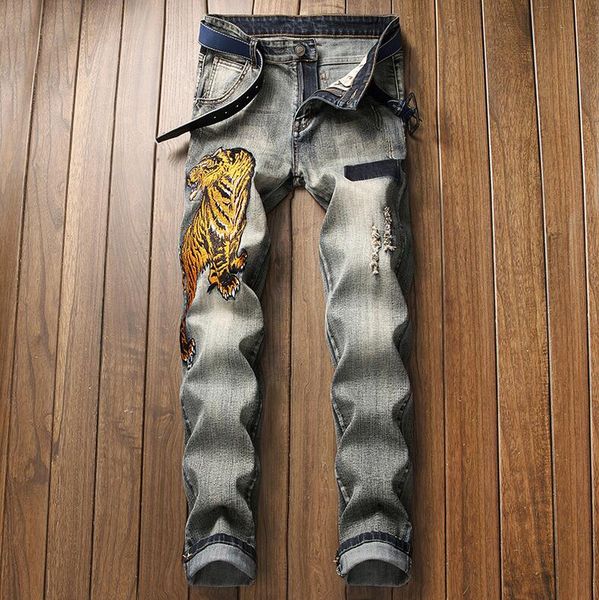 

мужская мода дизайнер рваные джинсы ретро stretch лоскутная тайгер вышивка straight leg slim fit уличная джинсовые брюки, Blue