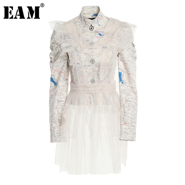 

eam] 2019 new autumn winter stand collar long sleeve pattern printed loose mesh ruffles jacket women coat fashion tide jq262, Black;brown