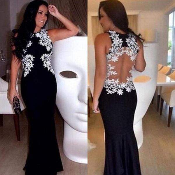 Impressionante Bainha Preto Vestidos de Noite Branco Rendas Apliques de Jóia No Pescoço Sem Mangas Comprimento Total Aberto Para Trás Longo Formal Vestidos de Festa de Formatura