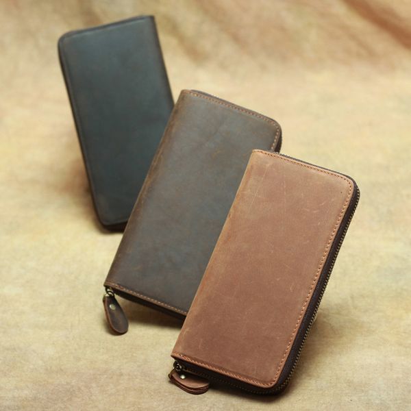 

genuine leather zipper purses men long cowhide clutch wallets vintage card holder coin pouches interior zipper pocket banknote purse new, Red;black