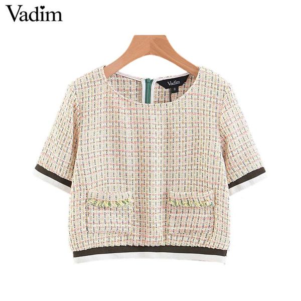 

vadim women tweed plaid crop short sleeve cuff stripe design o neck pockets female stylish chic short blouse blusas da437, White