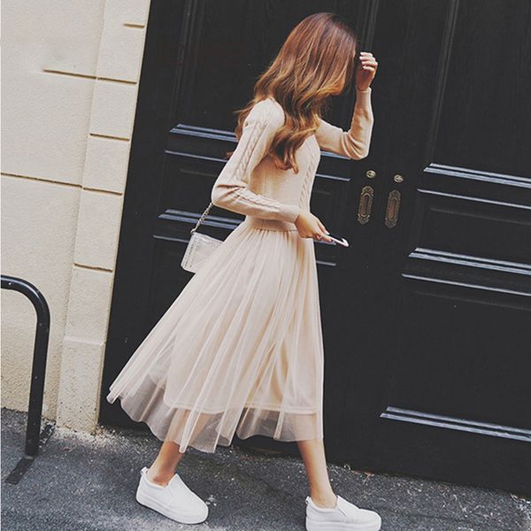 

женщины дизайнера одежды женщина дизайнер платья осень зима женщина сыпучих платья дама solid vintage платье женский свитер сетка платье, Black;gray