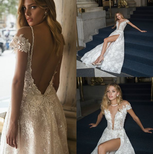 

thigh slit wedding dresses sheer jewel neck a line lace bridal gowns with sequined backless plus size vestidos de noiva wedding dress, White